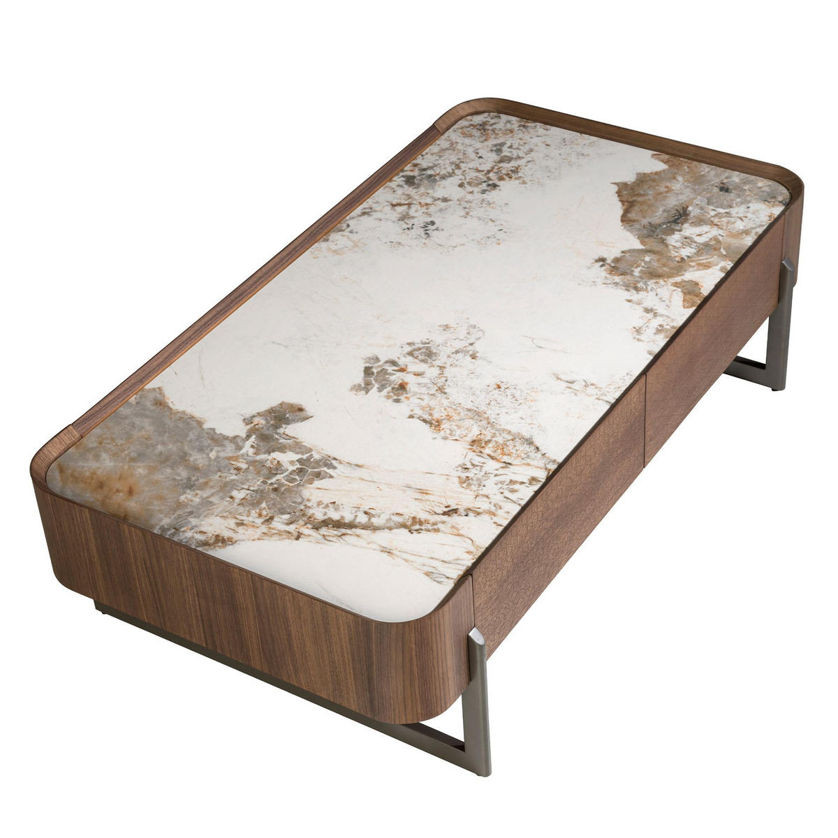 COUCHTISCH Rechteckiger Couchtisch aus Porzellanmarmor, Nussbaum und dunklem Metallic-Stahl 140/75/40 cm - Walnussfarben/Weiß, Holz (75/140/40cm) - ANGEL CERDA