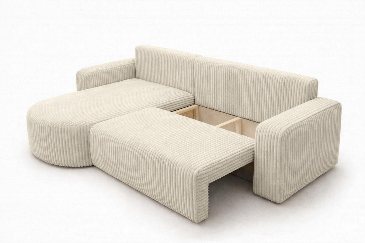 ECKSOFA Mit Schlaffunktion, Cordstoff Tilia, Ecru, Links, ROUND ONE XL - Ecru, Holz (271/175cm) - Kaiser Möbel