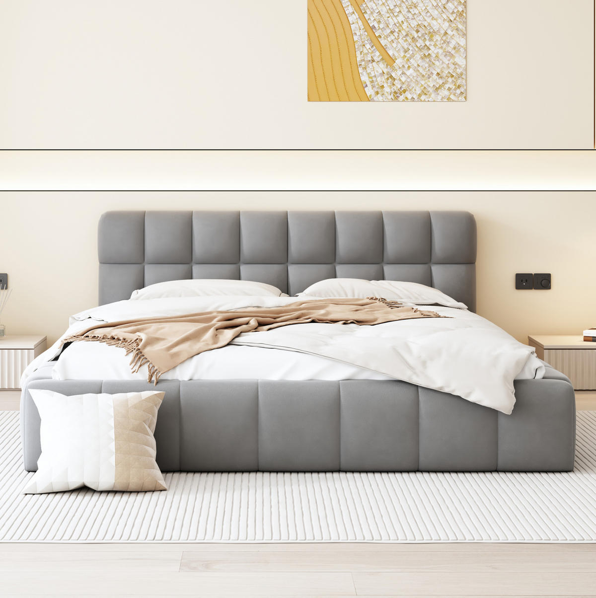 POLSTERBETT 140/190 cm mit Rückenlehne in Grau, Doppelbett mit Lattenrost - Grau, Textil (140/190cm) - OKWISH