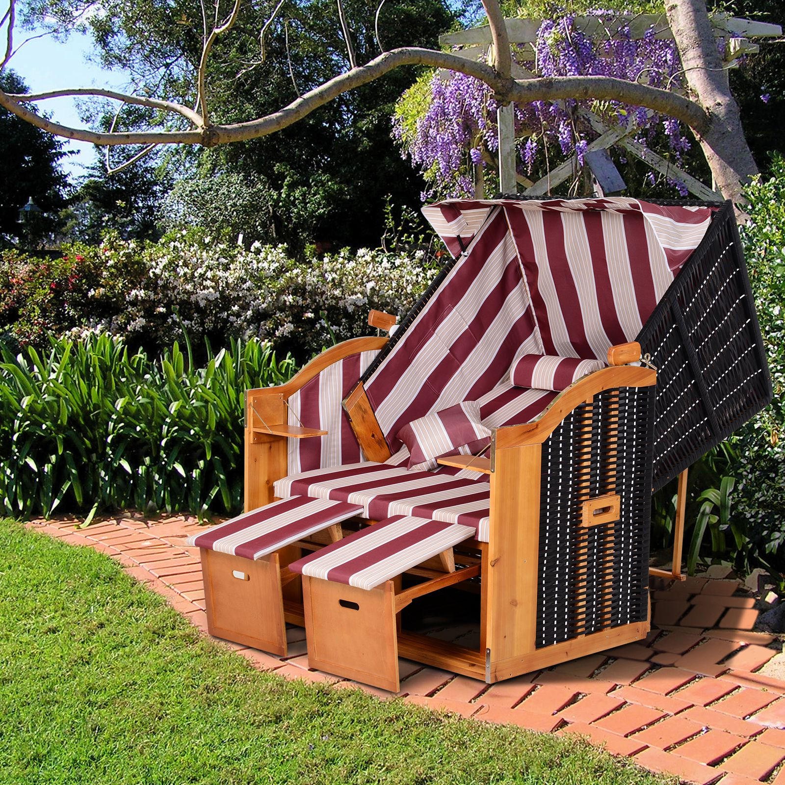 DOPPELTE Sonnenliege mit Dach 5-stufige Rückenlehne PE-Rattan Rot+Weiß 118 x 79 x 160 cm - Weiß, Kunststoff (79/160/118cm) - Outsunny
