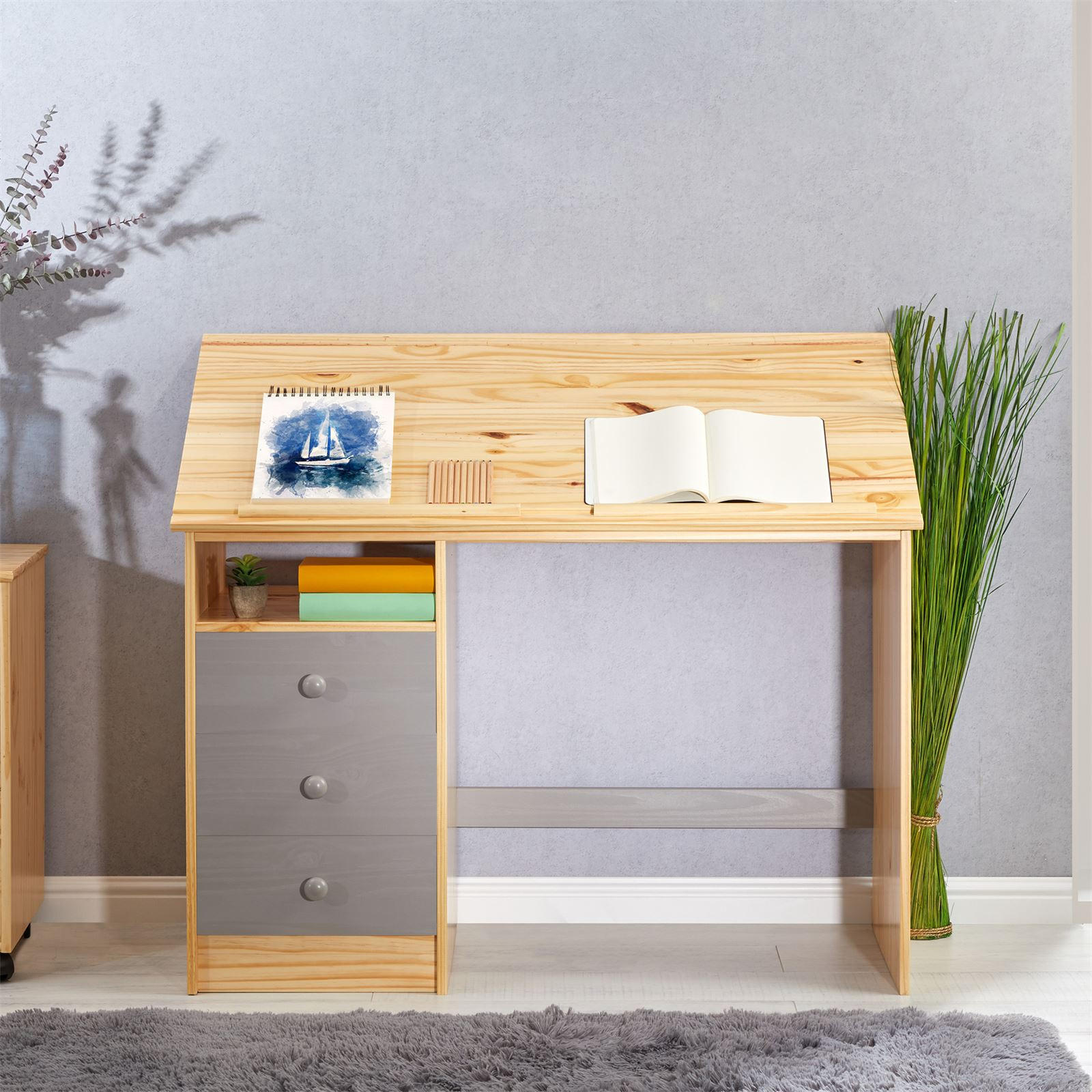 SCHREIBTISCH KEVIN - Naturfarben/Grau, Holz (115/73/60cm) - IDIMEX