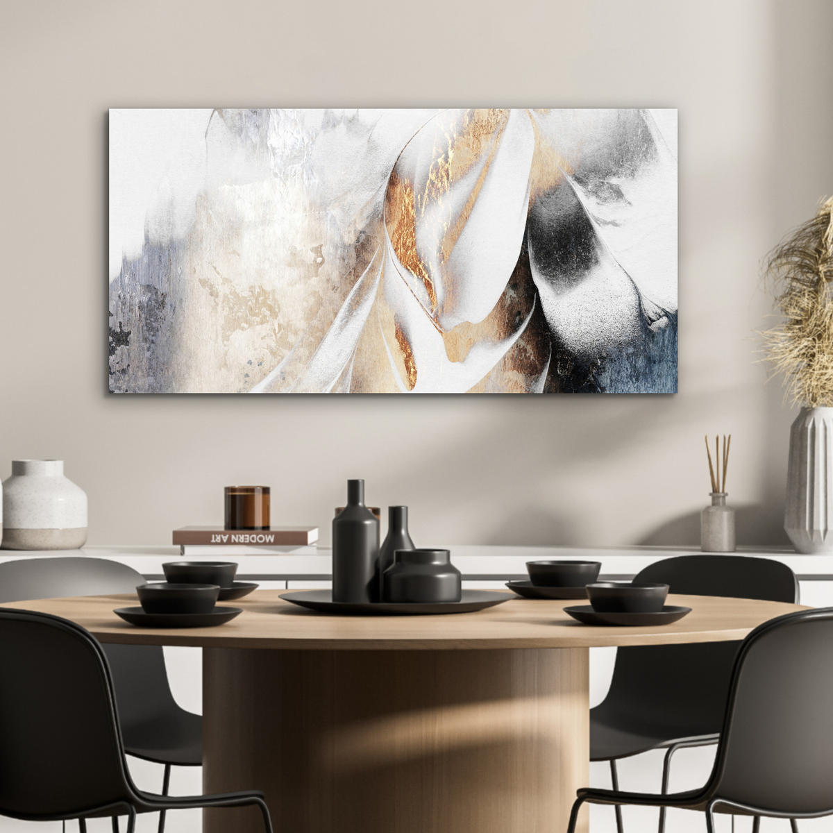 KOVOVÝ OBRAZ Luxusné - abstraktné - zlaté - biele 80x40 cm - zlatá, kov (80/40cm) - MuchoWow