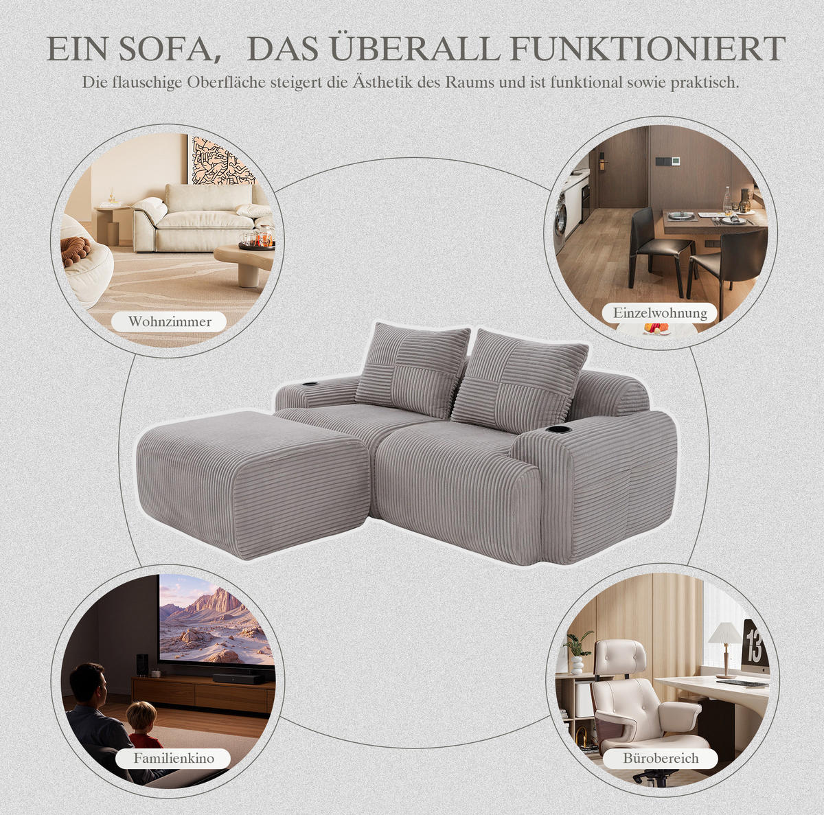 MODULARES 2-Sitzer Sofa Cordstoff mit Getränkehalter und Seitentasche 200/174/80 cm Hellgrau - Hellgrau, Textil (174/200cm) - Redom
