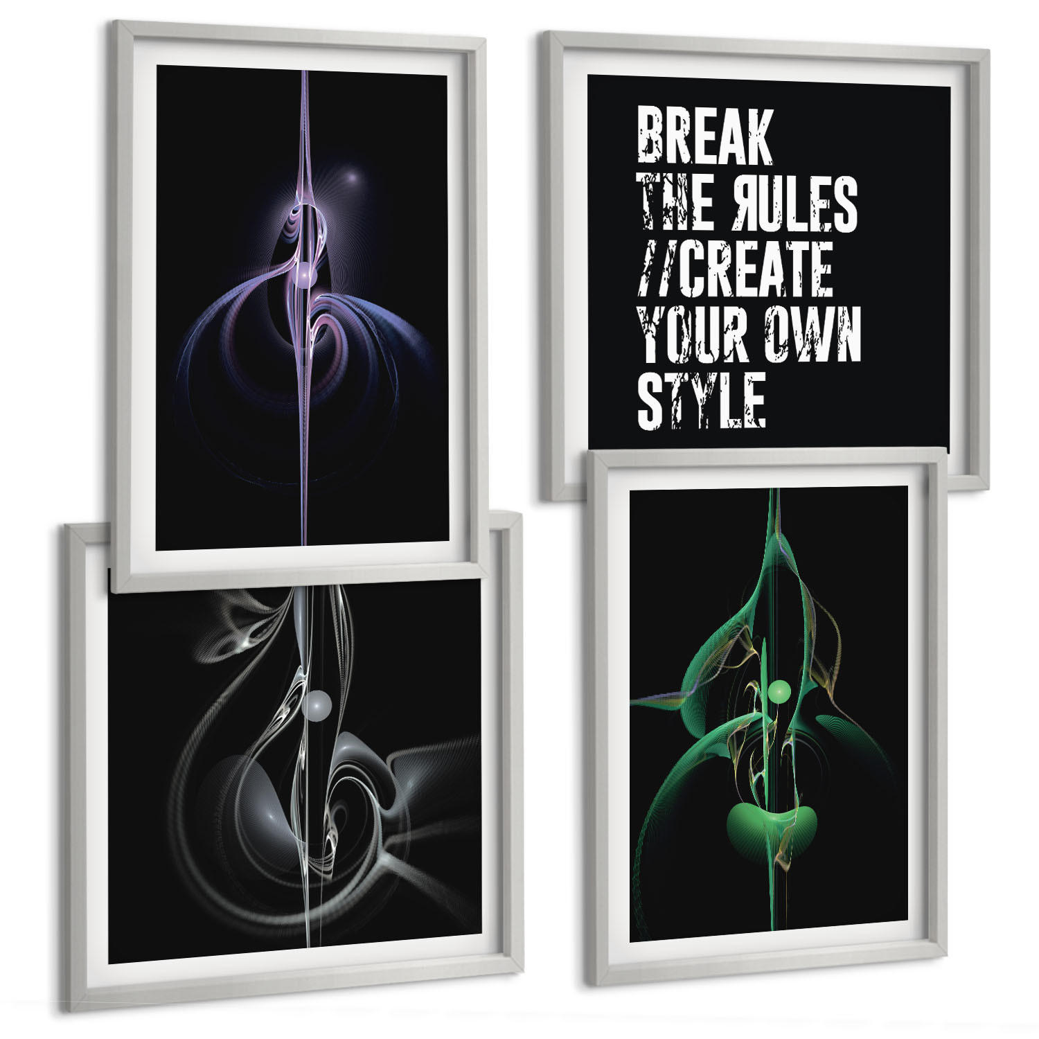 BILDER SET 4er Set - 50x50 cm & 40x60 cm Silberner Rahmen - Abstrakte schwarze Muster - Silberfarben, Kunststoff (50/50cm) - TULUP