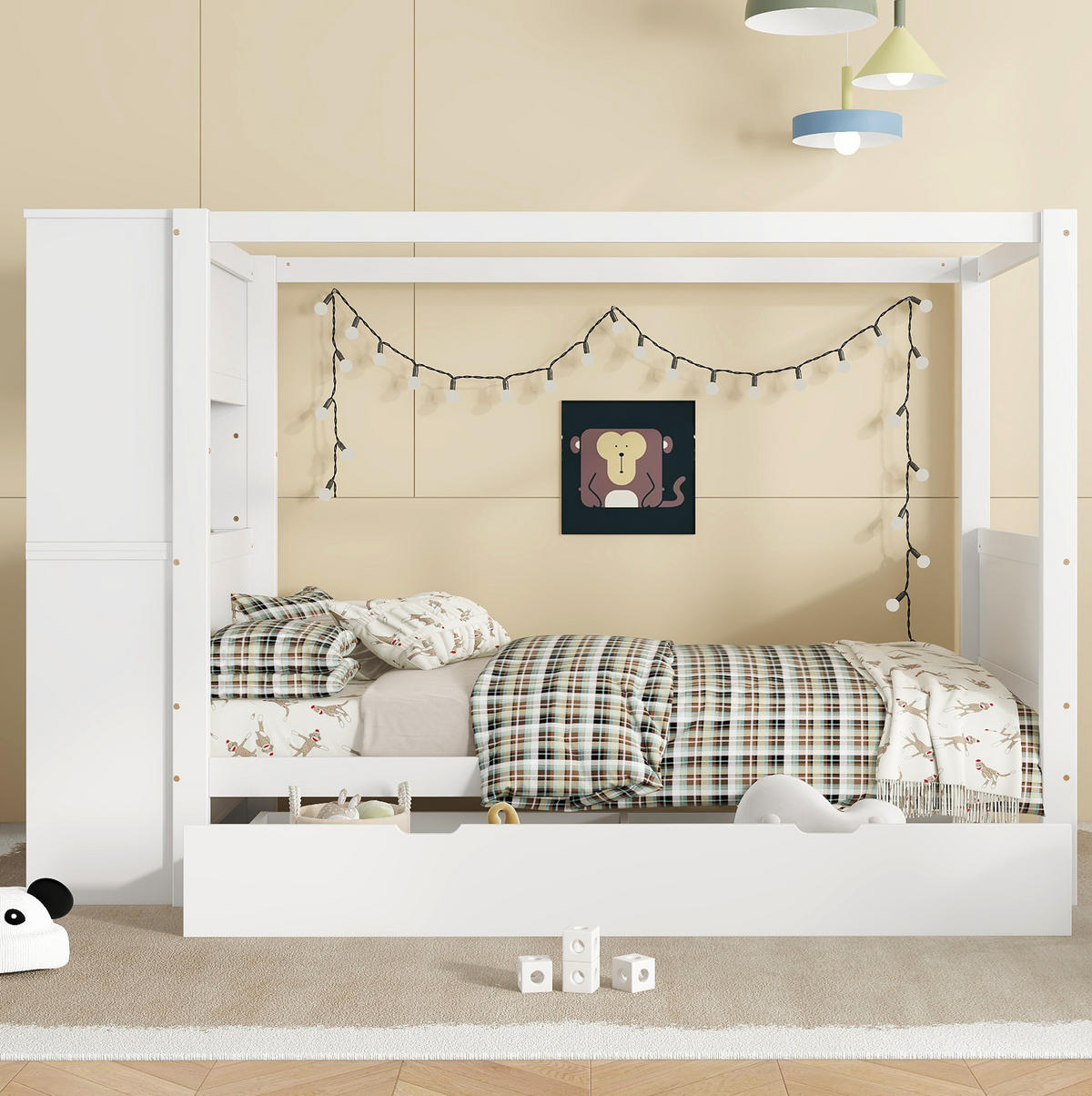 KINDERBETT 90/200 cm mit Fallschutz, Stauraum, 5 Schubladen und Schreibtisch, Holzwerkstoff/MDF, Weiß - Weiß, Holzwerkstoff (90/200cm) - Redom