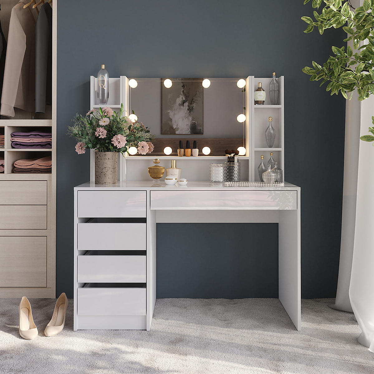 SCHMINKTISCH Sherry Weiß/Weiß Hochglanz 119.8 cm 5 Teile - Weiß Hochglanz, Holzwerkstoff (119.8/76/50.1cm) - Vicco