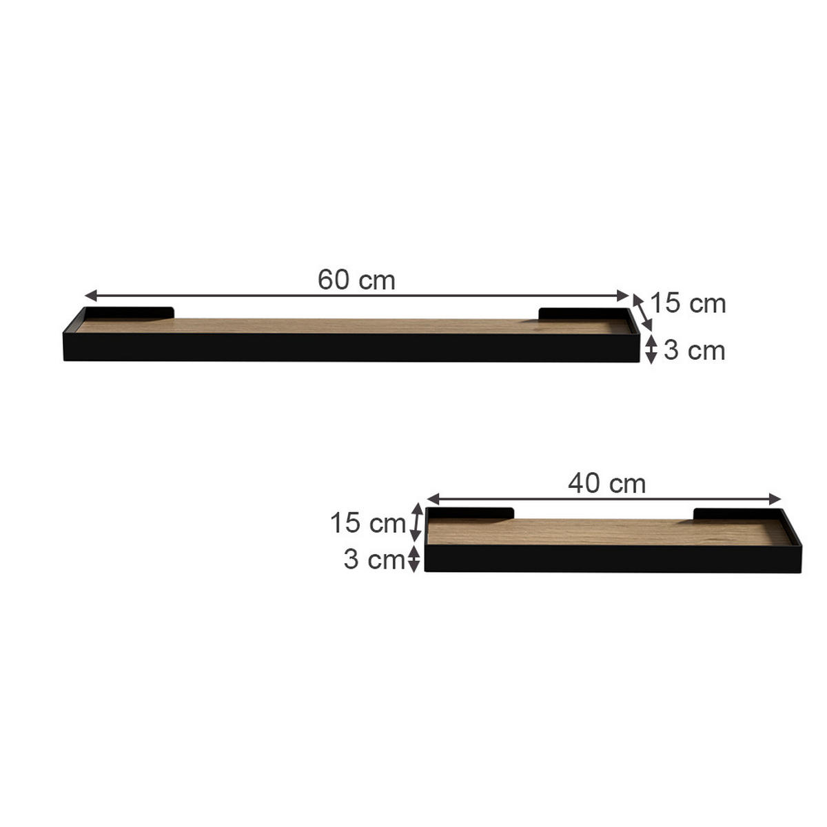 WANDREGAL Erni Schwarz/Eiche 60 x 3 cm 2er-Set - Eichefarben/Schwarz, Holzwerkstoff (60/3/15cm) - Vicco
