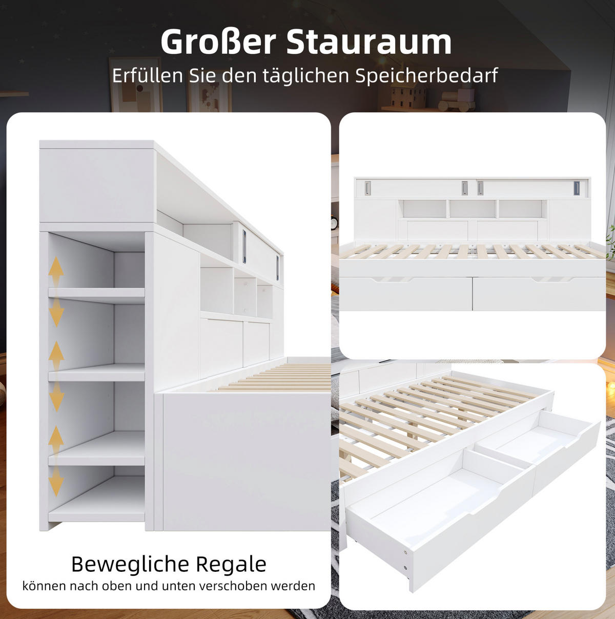 KINDERBETT aus MDF 90x200 cm Weiß mit 2 Schubladen, Schiebetürschrank, Regalwand und Lattenrost - Weiß, Holzwerkstoff (90/200cm) - Modfu
