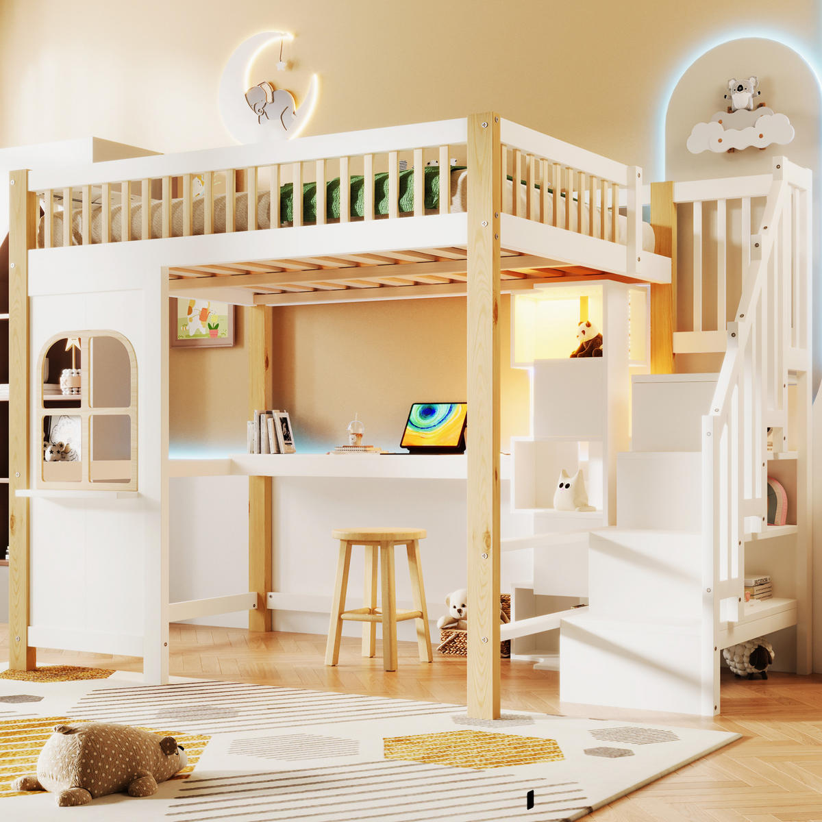 HOCHBETT 140/200 cm Weiß/Natur aus Kiefernholz und MDF mit Schreibtisch - Weiß, Holz (140/200cm) - OKMYHOME