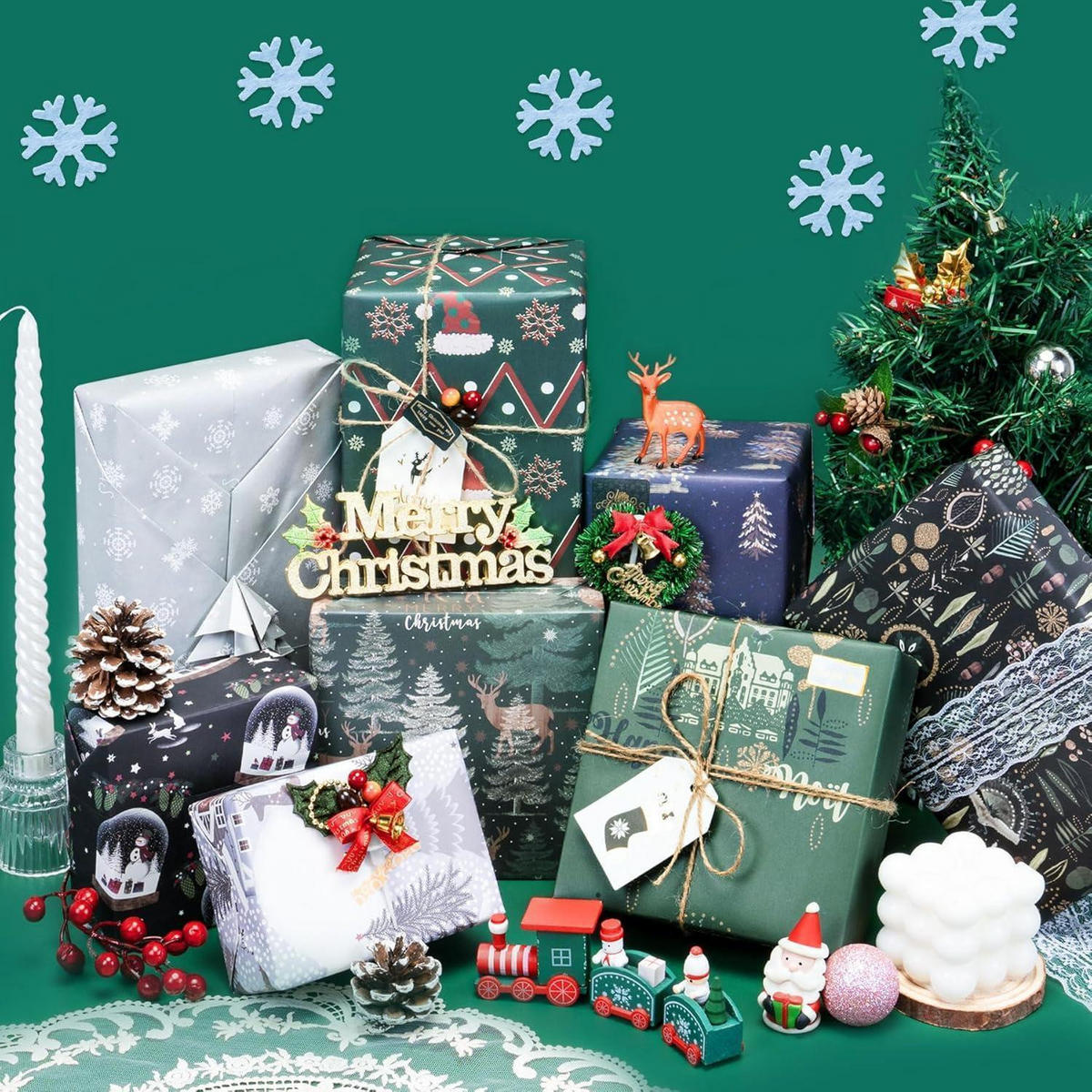 GESCHENKPAPIER Set Weihnachten 8 Blatt 70x50cm Mattes Kraftpapier mit Anhängern und Aufklebern - Multicolor, Papier (50/50/70.1cm)