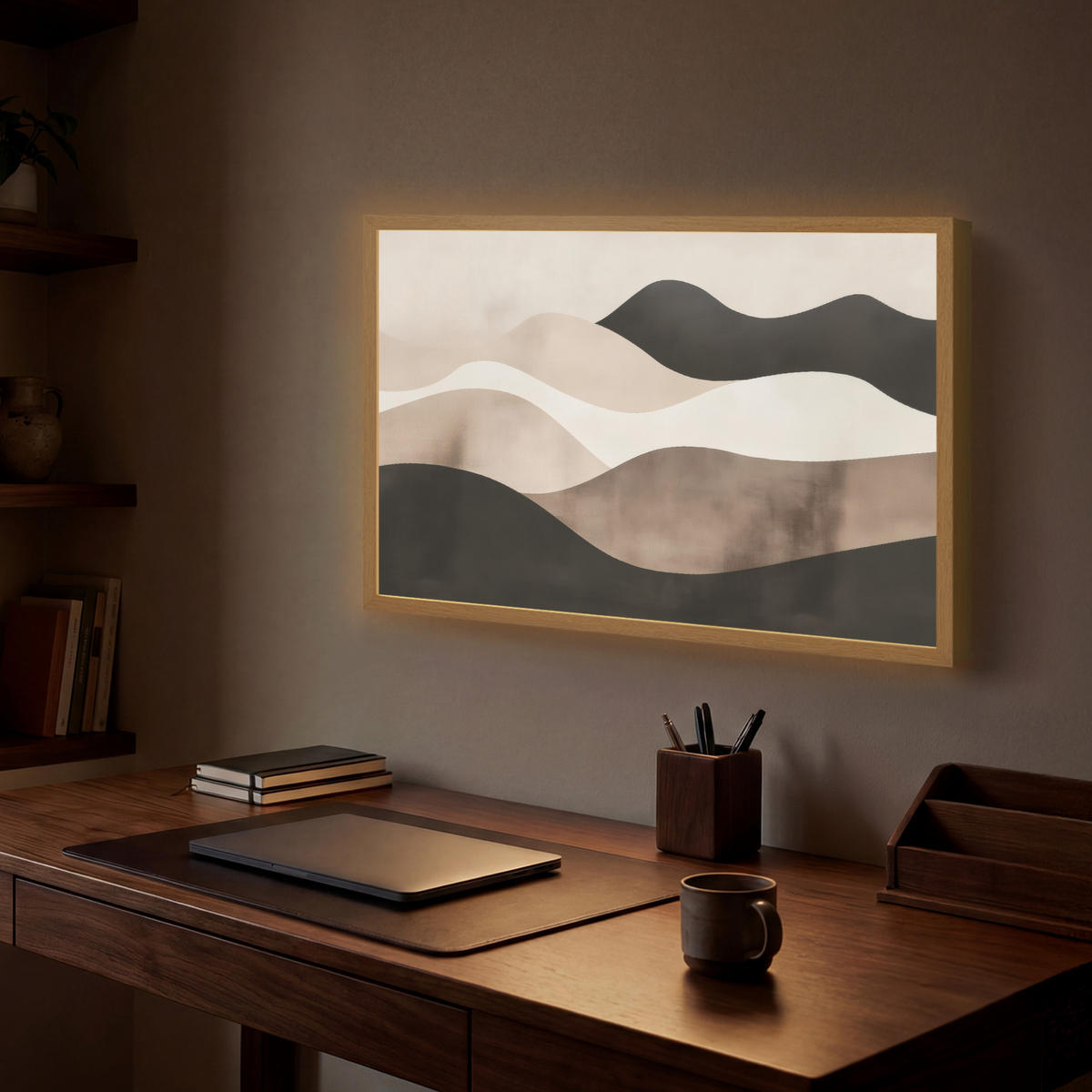 NÁSTĚNNÁ LAMPA S AKUMULÁTOREM Abstraktní - Krajina - Vlny - Krémová barva 60x40 cm - šedohnědá, kompozitní dřevo (60/40/8cm) - OnlyWow