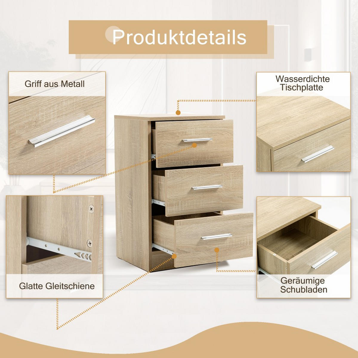 NACHTTISCHE 2er Set in Naturfarbe mit 3 Schubladen - Naturfarben, Holz (35.2/65.5/37.6cm) - KOMHTOM