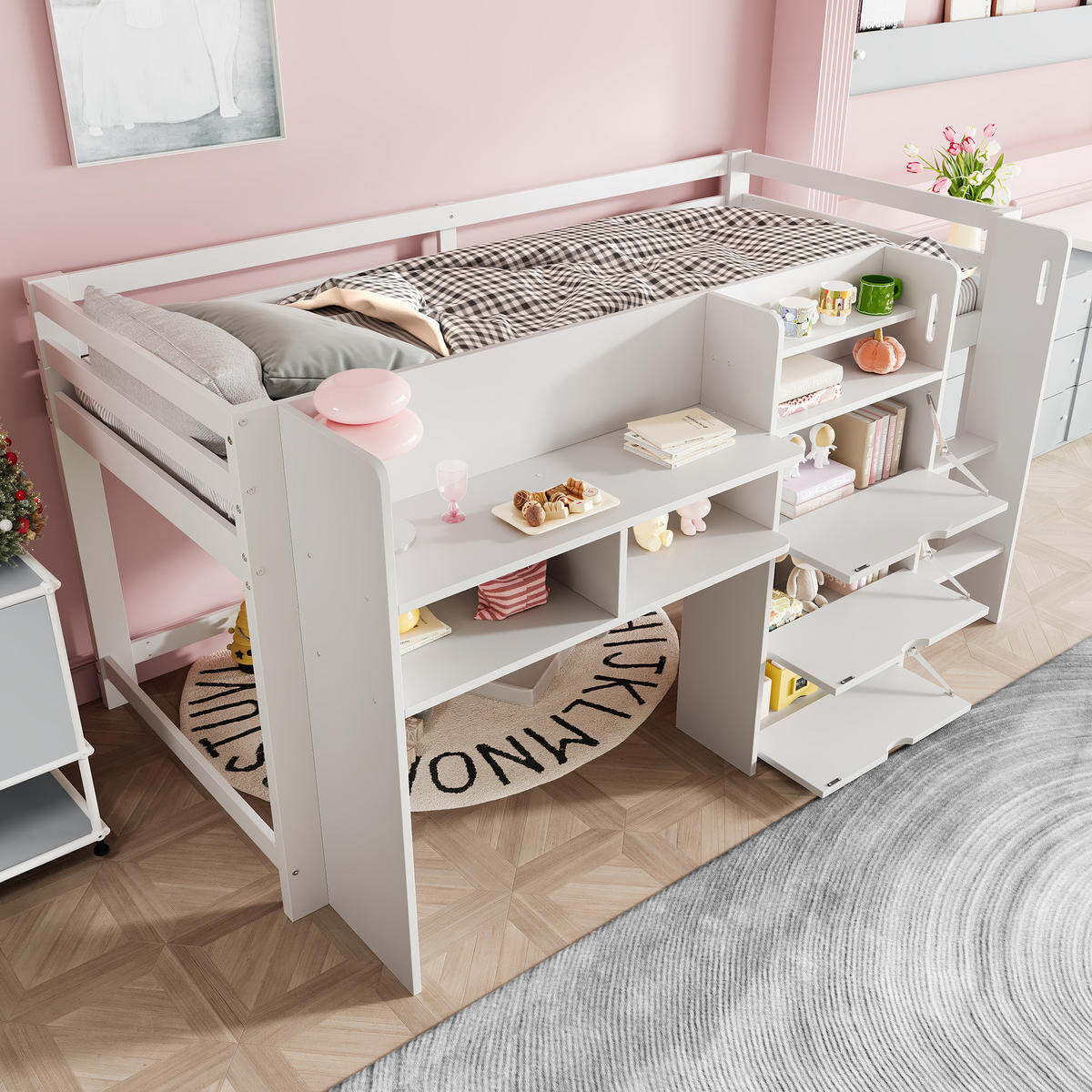 HALBHOHES BETT 90x200cm Weiß Hausform Entertainment-Bereich Staufächer - Weiß, Holz (90/200cm) - FLIEKS