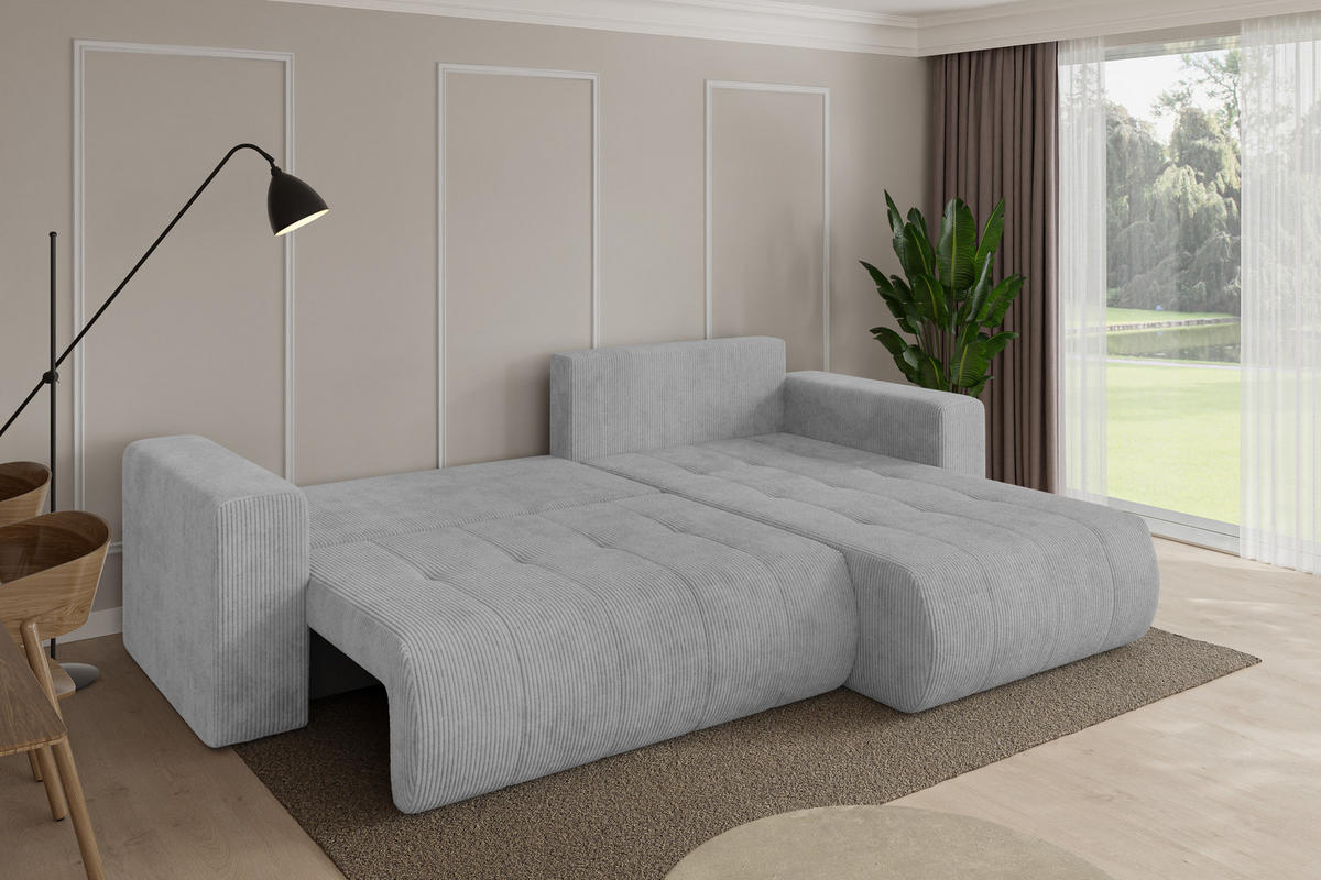 ROHOVÁ SEDAČKA s funkcí spaní, otoman vpravo MILA-L 277x194x86 šedá manšestr - šedá/černá, kompozitní dřevo/textil (277/194cm) - ALTDECOR