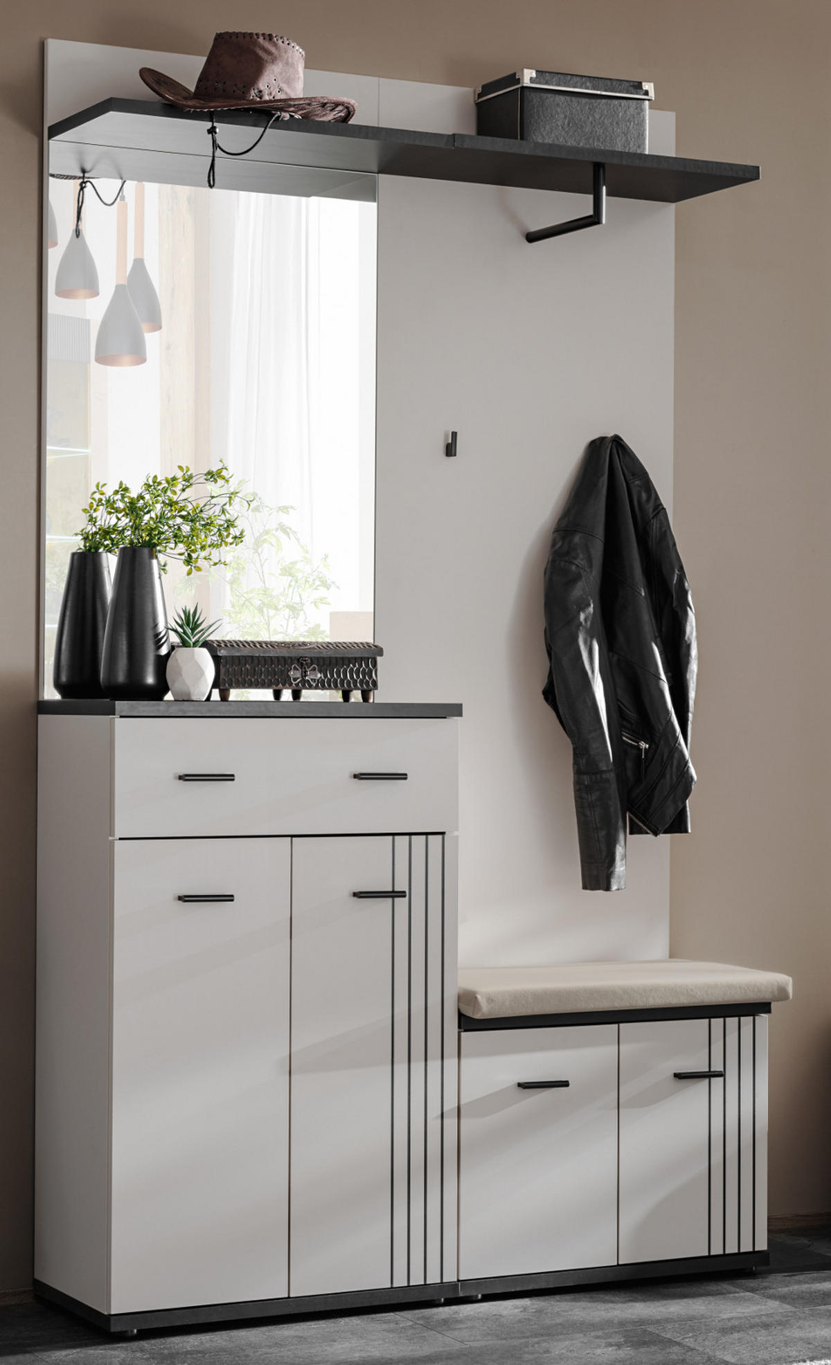 GARDEROBEN-SET Kaschmir, schwarz 4-teilig 120 cm, Flurgarderobe mit viel Stauraum - Kaschmir/Schwarz, Glas/Holzwerkstoff (120/20/32cm) - Inn.Furn