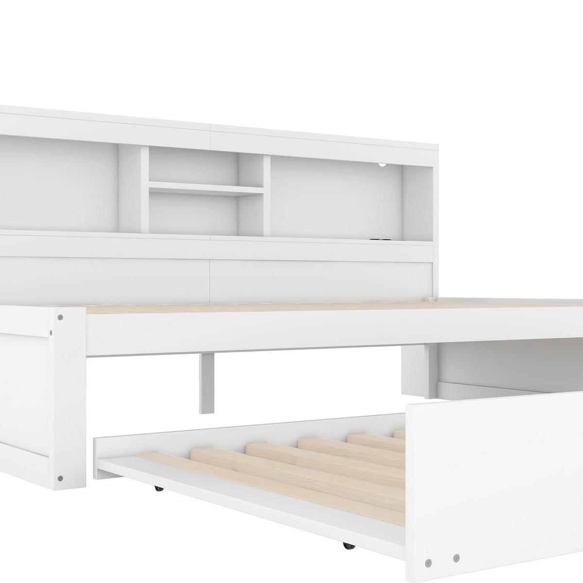 BETT 90/200 mit Ausziehbett, LED-Beleuchtung, Steckdose und USB-Anschluss in Weiß - Weiß, Holzwerkstoff (90/200cm) - EVRYAE