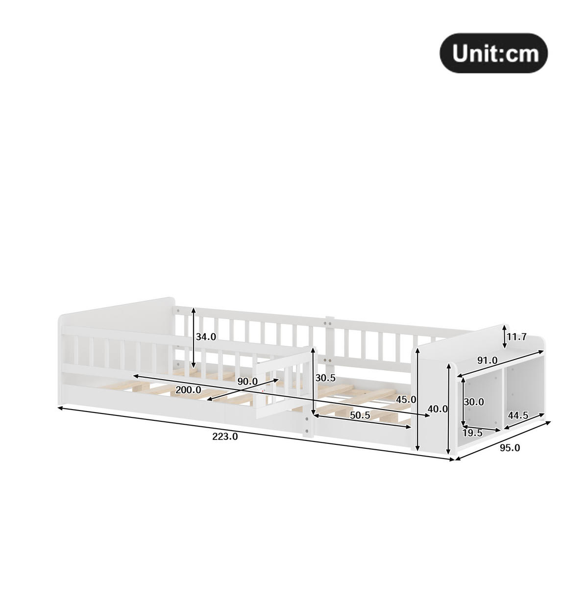 KINDERBETT 90/200 cm mit offenem Stauraum, Regalen und aufklappbarer Zauntür aus Kiefern , Weiß - Weiß, Holzwerkstoff (90/200cm) - Redom