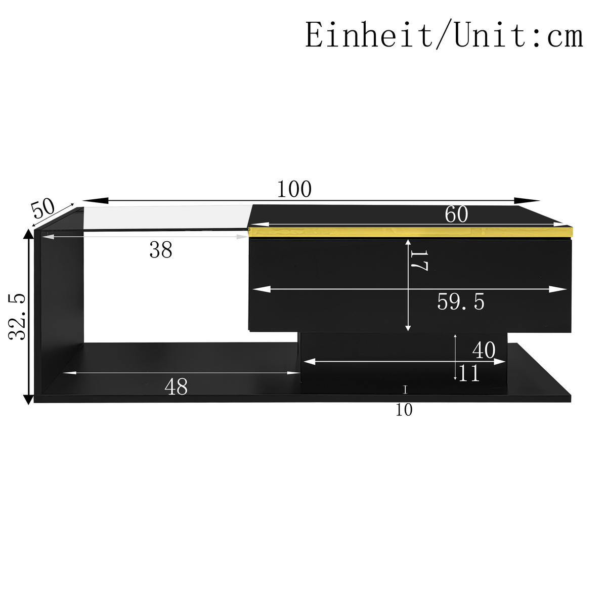 COUCHTISCH Schwarz mit verstellbarer LED und Glasplatte - Schwarz, Metall (100/50/32cm)