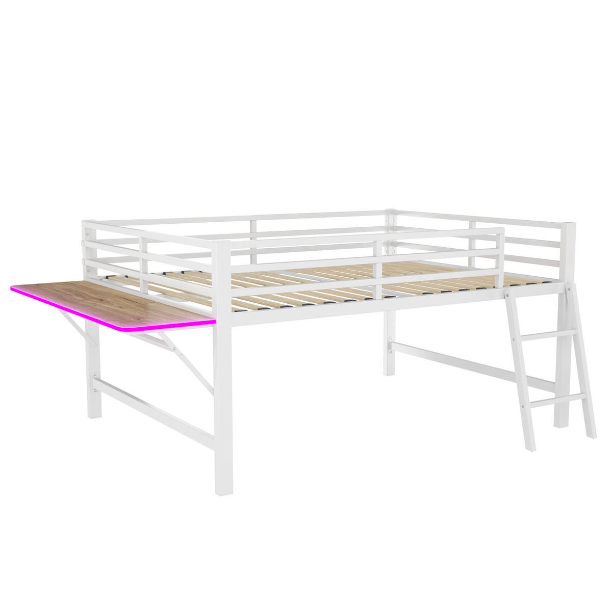 HOCHBETT 140/200 cm mit Leiter, Schutzgeländer, klappbarem Schreibtisch und LED-Beleuchtung, Metall, Weiß - Weiß, Metall (140/200cm) - Redom