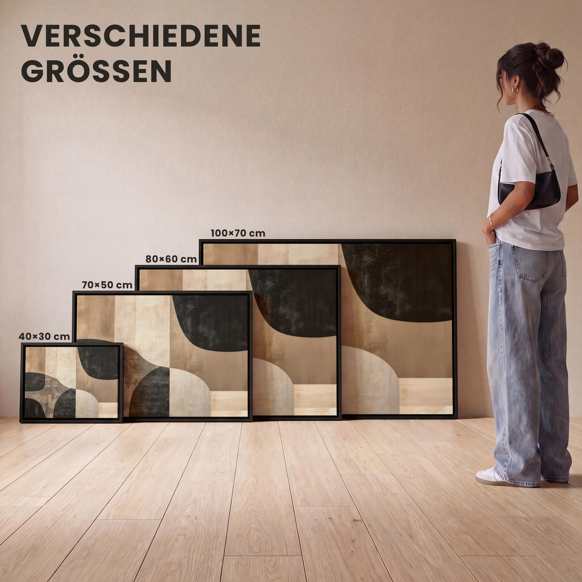 LEINWAND Bilder mit Rahmen - Abstrakt - Flugzeuge - Schwarz - Rund - 40x30 - Beige, Textil (40/30cm) - MuchoWow
