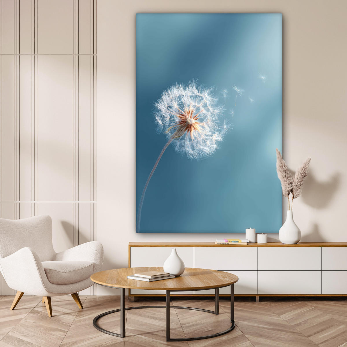 OBRAZ NA PLÁTNĚ Pampeliška - vítr - modrá 90x140 cm - šedohnědá, textil (90/140cm) - MuchoWow
