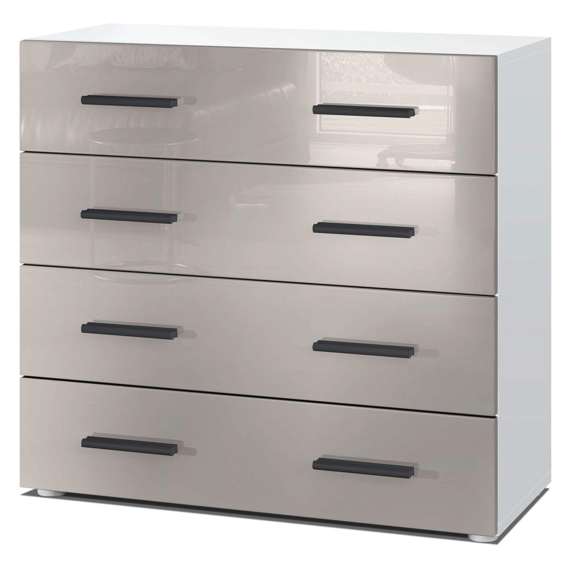 KOMMODE Den, Sideboard mit 4 Schubladen, Made in Germany, Moderner Schrank, Weiß matt / Sandgrau Hochglanz (76 x 72 x 35 cm) - Beige, Holzwerkstoff (76/72/33cm) - InnoFurn