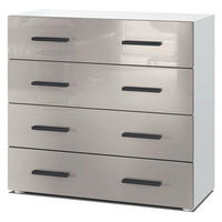 KOMMODE Den, Sideboard mit 4 Schubladen, Made in Germany, Moderner Schrank, Weiß matt / Sandgrau Hochglanz (76 x 72 x 35 cm) - Beige, Holzwerkstoff (76/72/33cm) - InnoFurn