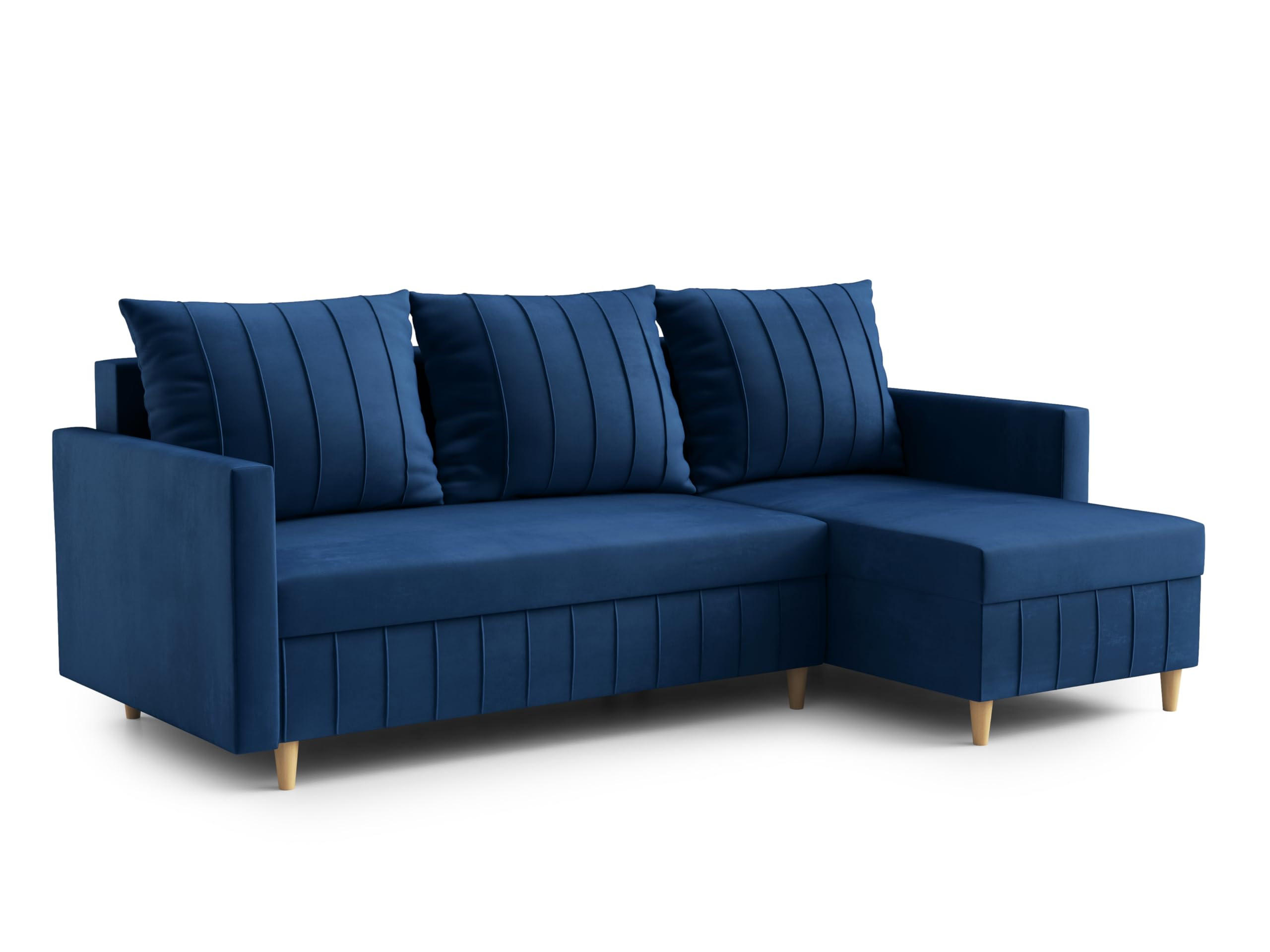 ECKSOFA FOX L-förmig Modernes Verstellbare Kopfstützen Luxuriöser Velours Schlaffunktion lose Rückenkissen freistehend RECHTS 224x146x98 cm Blue - Blau, Holz/Textil (224/146cm) - DomoHome