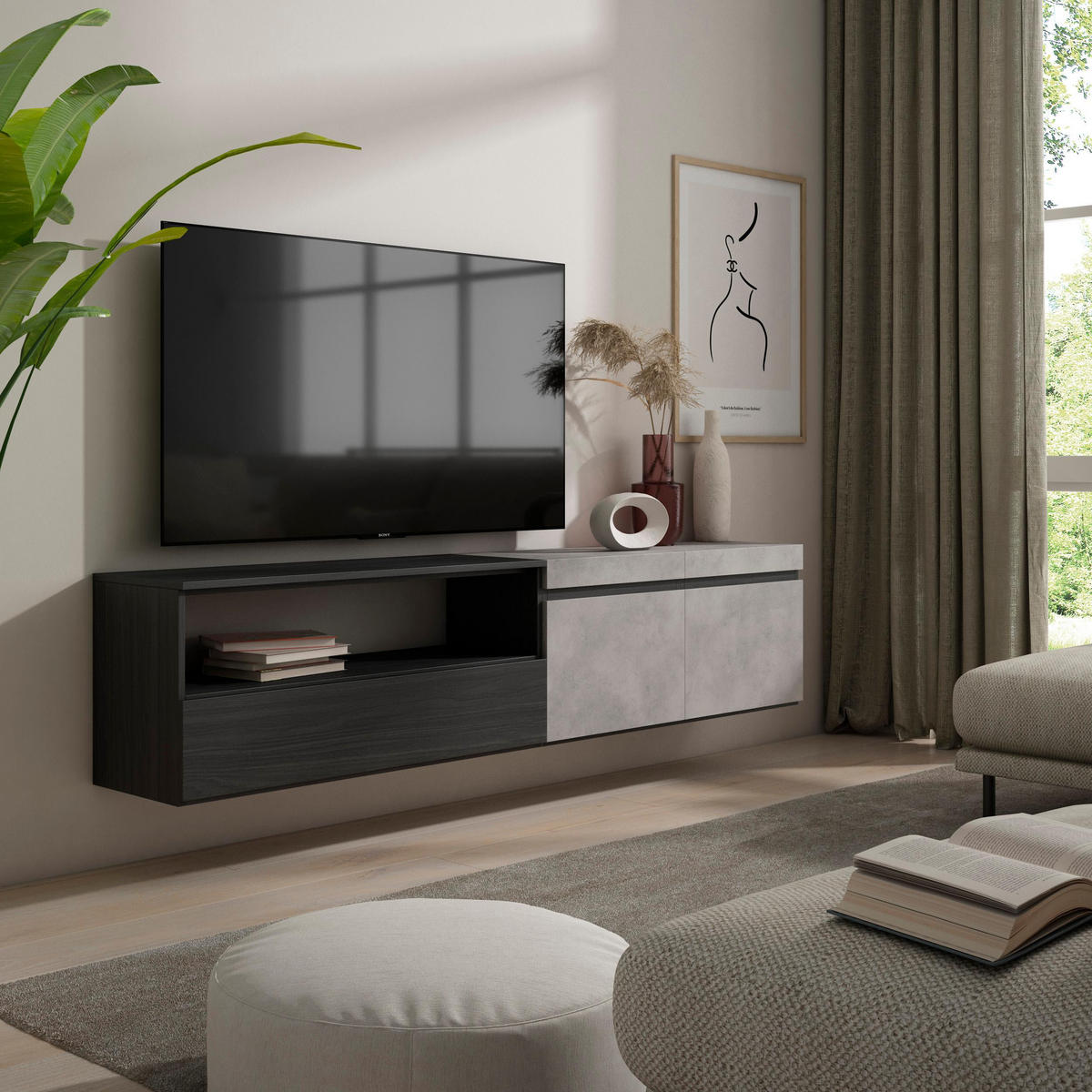 LOWBOARD Hängend, zementgrau, 200/35/45cm - Hellgrau/Grau, Holzwerkstoff (200/45/35cm) - Skraut Home