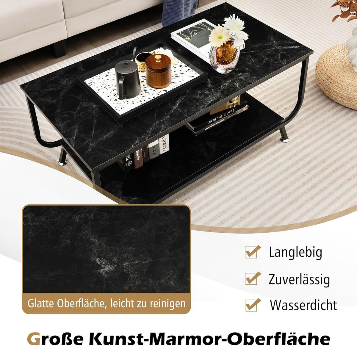 COUCHTISCH Schwarz - Schwarz, Holz (105/55/47cm) - COSTWAY