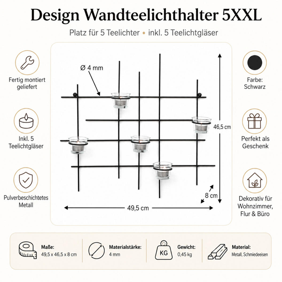 WANDTEELICHTHALTER Metall Leuchter 5XXL Wandkerzenhalter 50 cm - Schwarz, Metall (46.5cm) - DanDiBo