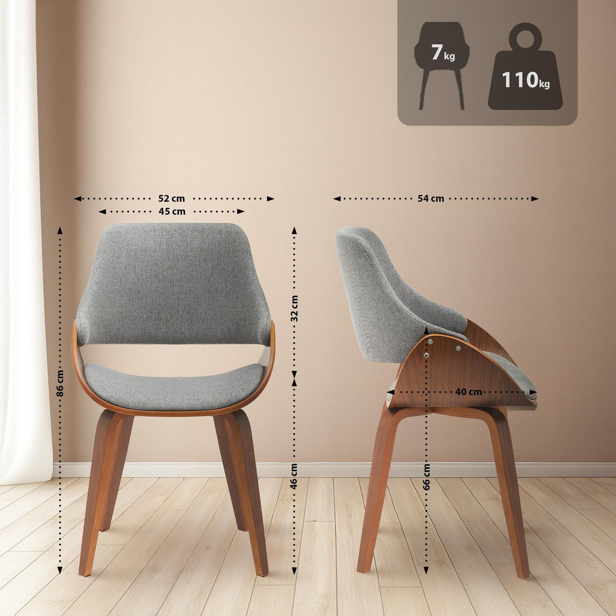 ESSZIMMERSTUHL Vangale 2er Set 86x52x54 cm walnuss/dunkelgrau - Nussbaumfarben, Holz (52/86/54cm) - furnicato