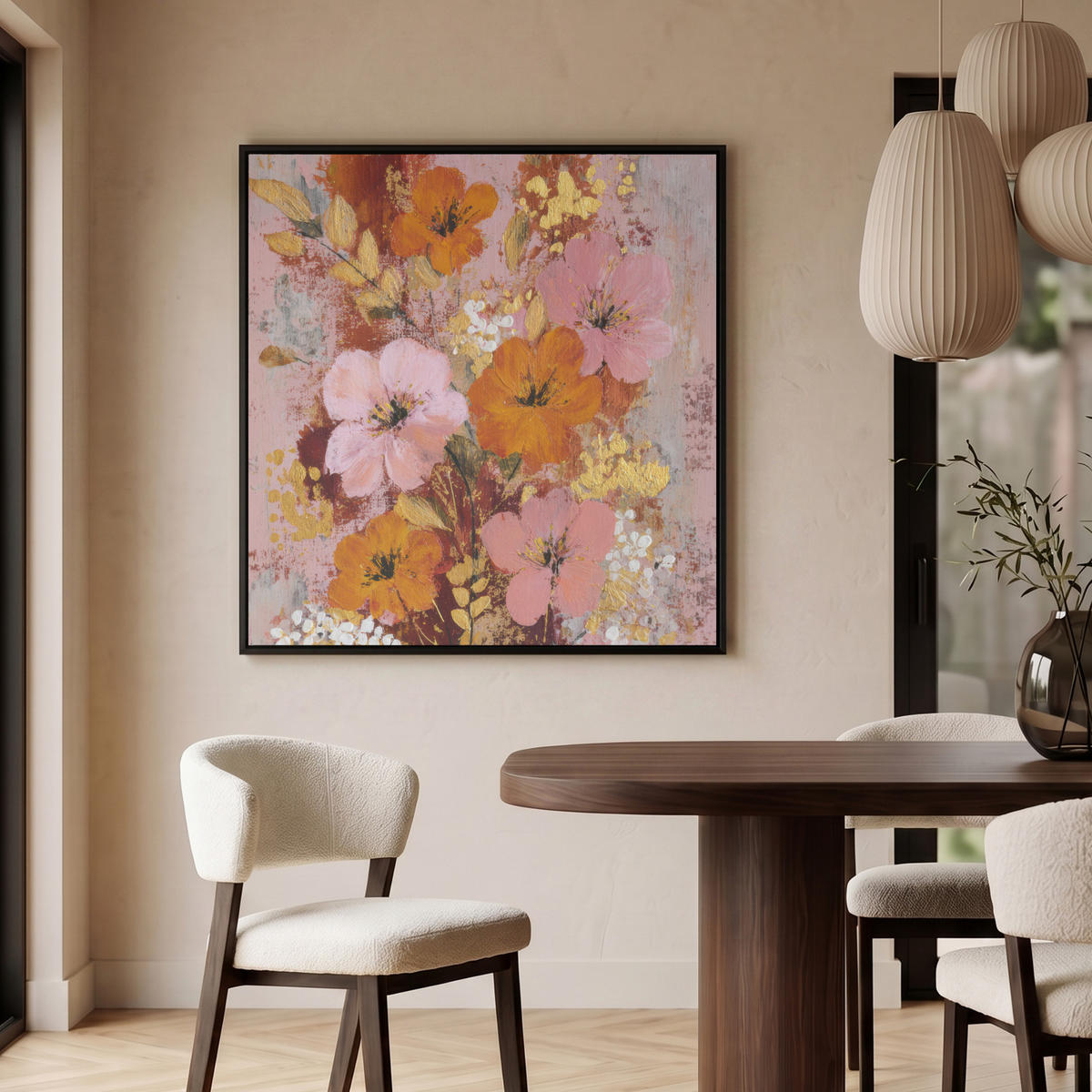 LEINWAND Bilder mit Rahmen - Malerei - Blumen - Rustikal - Rosa - 90x90 - Altrosa, Textil (90/90cm) - MuchoWow