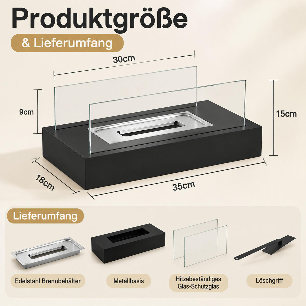 TISCHKAMIN Fyvmar 35/18/15 cm - Schwarz, Glas/Metall (18/15/35cm) - ZMH