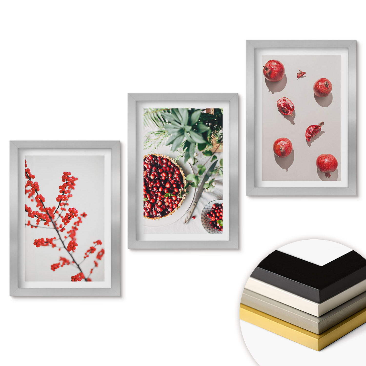WANDBILDER 3er Set - 20x30 cm Silberner Rahmen - Minimalismus der roten Früchte von Pflanzen - Silberfarben, Kunststoff (20/30cm) - ArtPrintCave