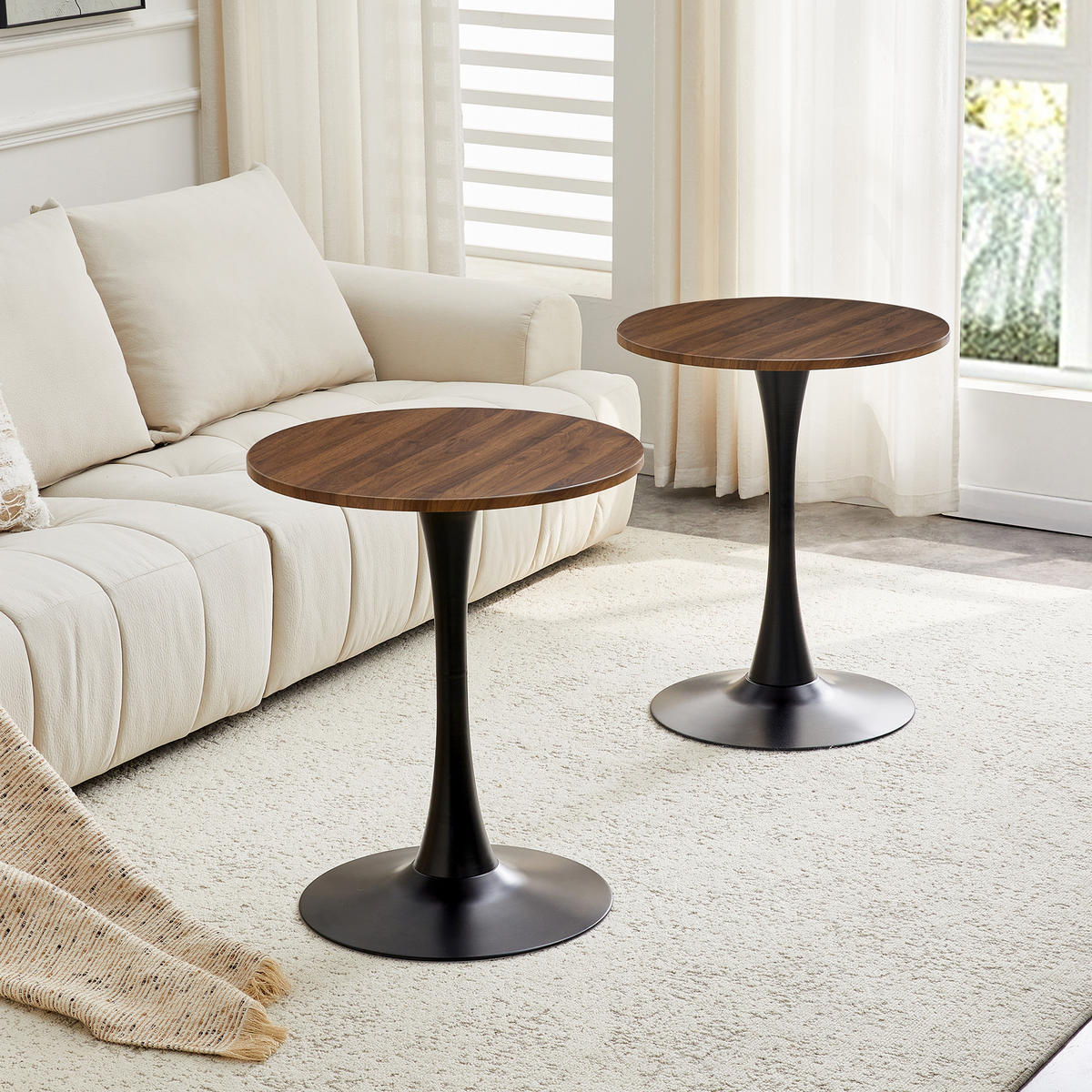 BEISTELLTISCH 60/60/72 cm walnussfarben/schwarz aus MDF und Metall mit runder Tischplatte - Schwarz, Holzwerkstoff (60/60/72cm) - OKWISH