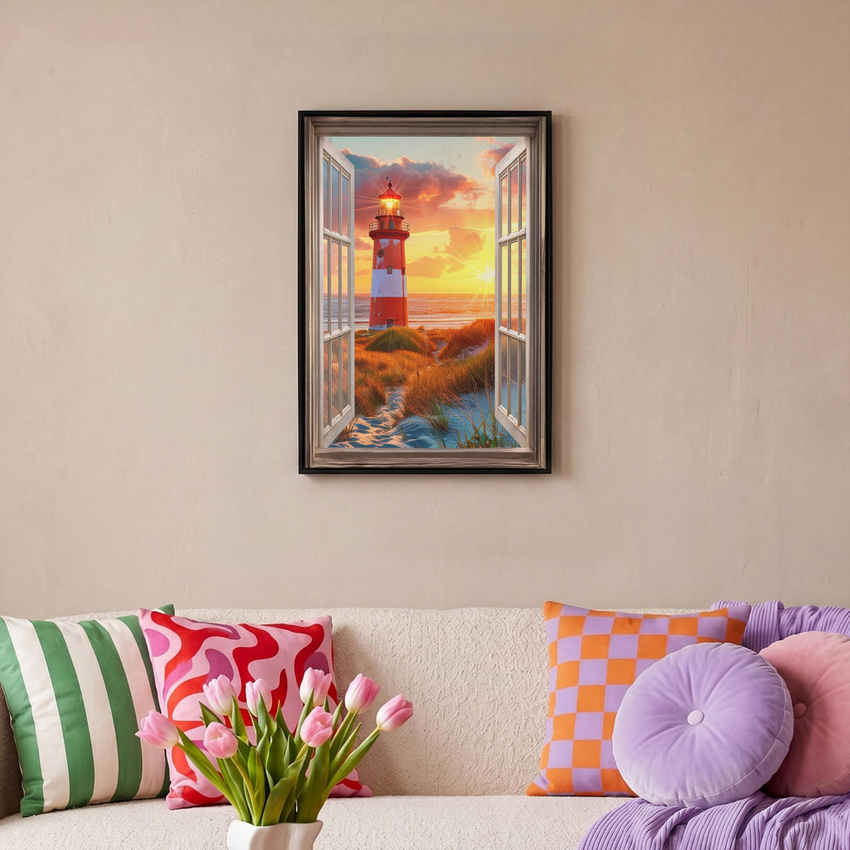 LEINWAND Bilder mit Rahmen - Aussicht - Fenster - Leuchtturm - Sonnenuntergang - Strand - 40x60 - Dunkelorange, Textil (40/60cm) - MuchoWow
