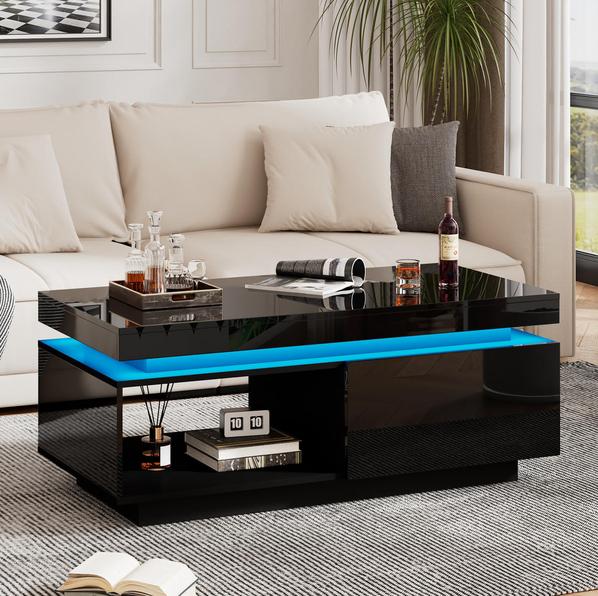COUCHTISCH aus Spanplatte 100x50x40,3 cm Schwarz mit Hochglanzoberfläche, LED-Beleuchtung und Schublade - Schwarz, Holzwerkstoff (100/50/40.3cm) - IVMEU
