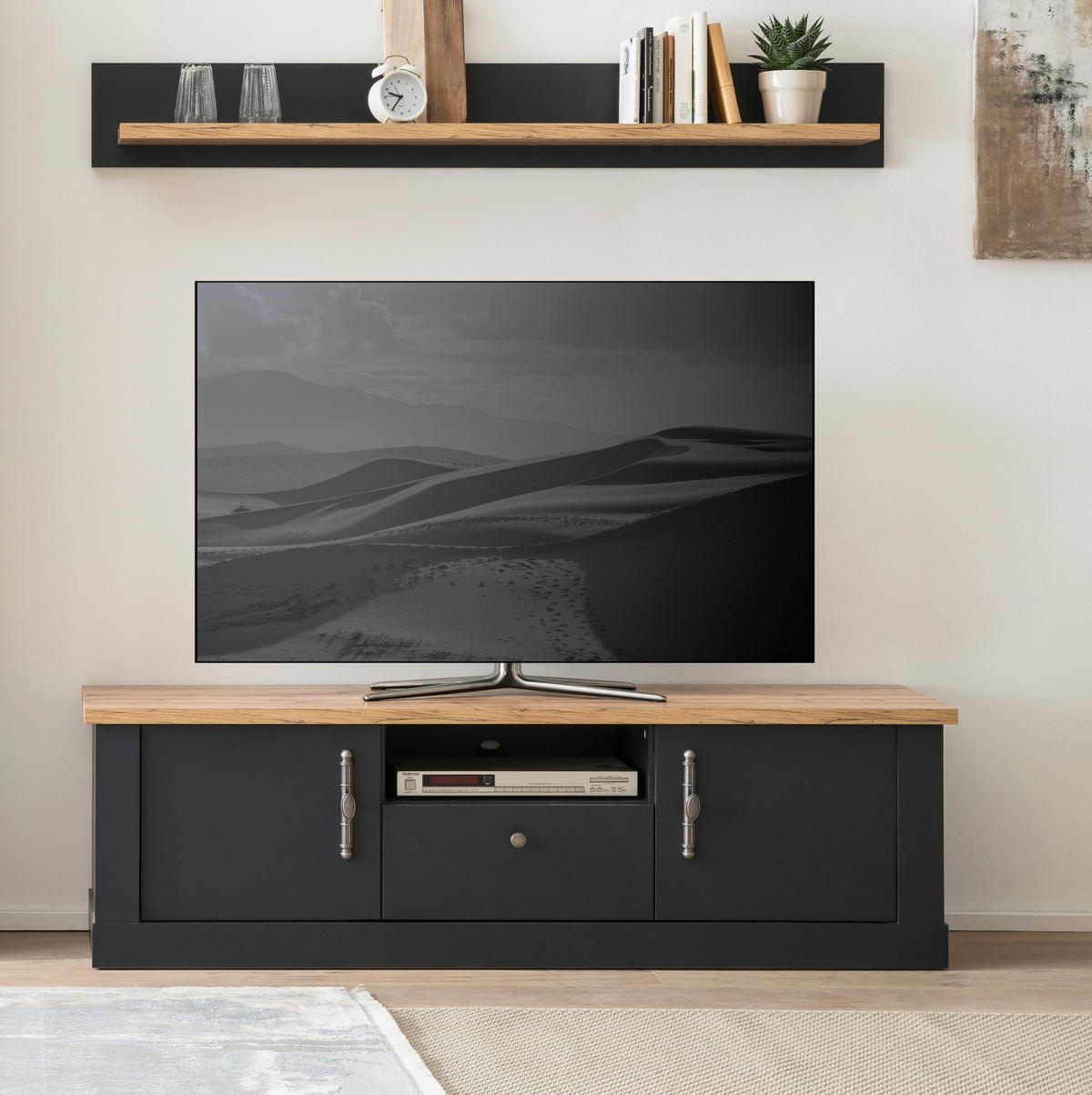 TV-LOWBOARD grau, Eiche Wotan, Landhaus 158 cm, TV Unterteil mit Soft-Close - Silberfarben/Eiche Wotan, Holzwerkstoff/Kunststoff (158/51/45cm) - Furn.Design