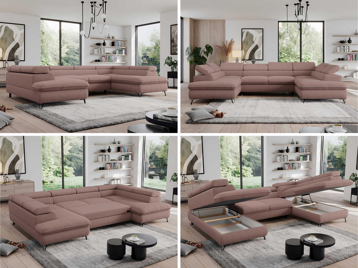 WOHNLANDSCHAFT PEDRO U Boucle Rosa - Schwarz/Rosa, Textil/Metall (346/76/208cm) - MKS