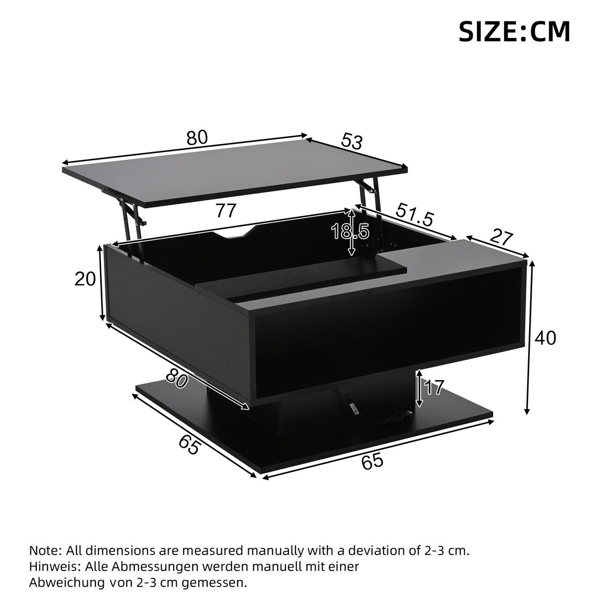 COUCHTISCH 80/75/40 cm mit höhenverstellbarer Platte, LED, Stauraum und Spanplatte in Hochglanzoptik, Schwarz - Schwarz, Holzwerkstoff (80/77/40cm) - Redom