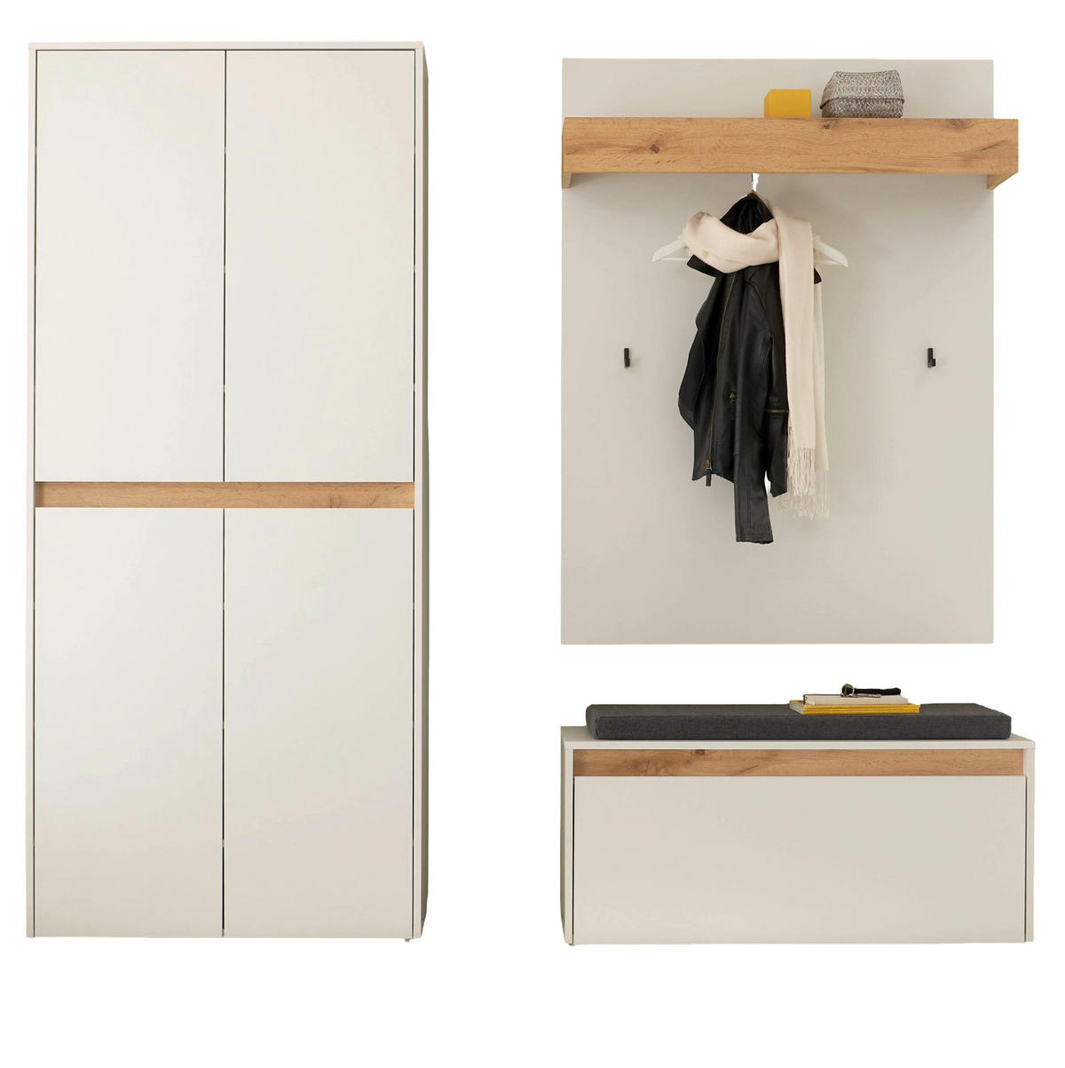 GARDEROBEN-SET weiß matt, Eiche Wotan 195 cm 4-teilig, Garderobenkombination mit viel Stauraum - Eiche Wotan/Schwarz, Holzwerkstoff/Kunststoff (195/200/40cm) - Furn.Design