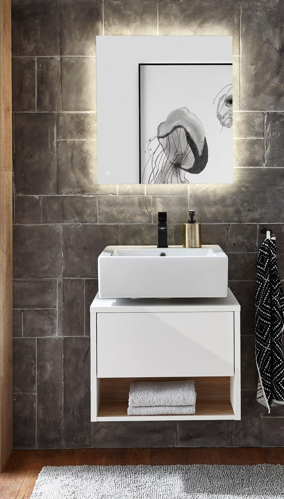 Thumbnail - Furn.Design Badspiegel-Set, Weiß Hochglanz, Glas, Holzwerkstoff, Nachbildung,Eiche, Uni, 2 Fächer, 100x190x46 cm, FSC Mi...