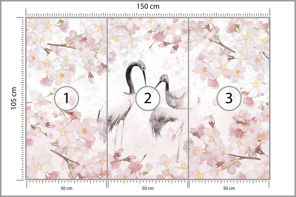 FOTOTAPETE Kraniche Kirschblüten Natur Aquarell 150x105 - Beige/Schwarz, Papier (150/105cm) - Muralo