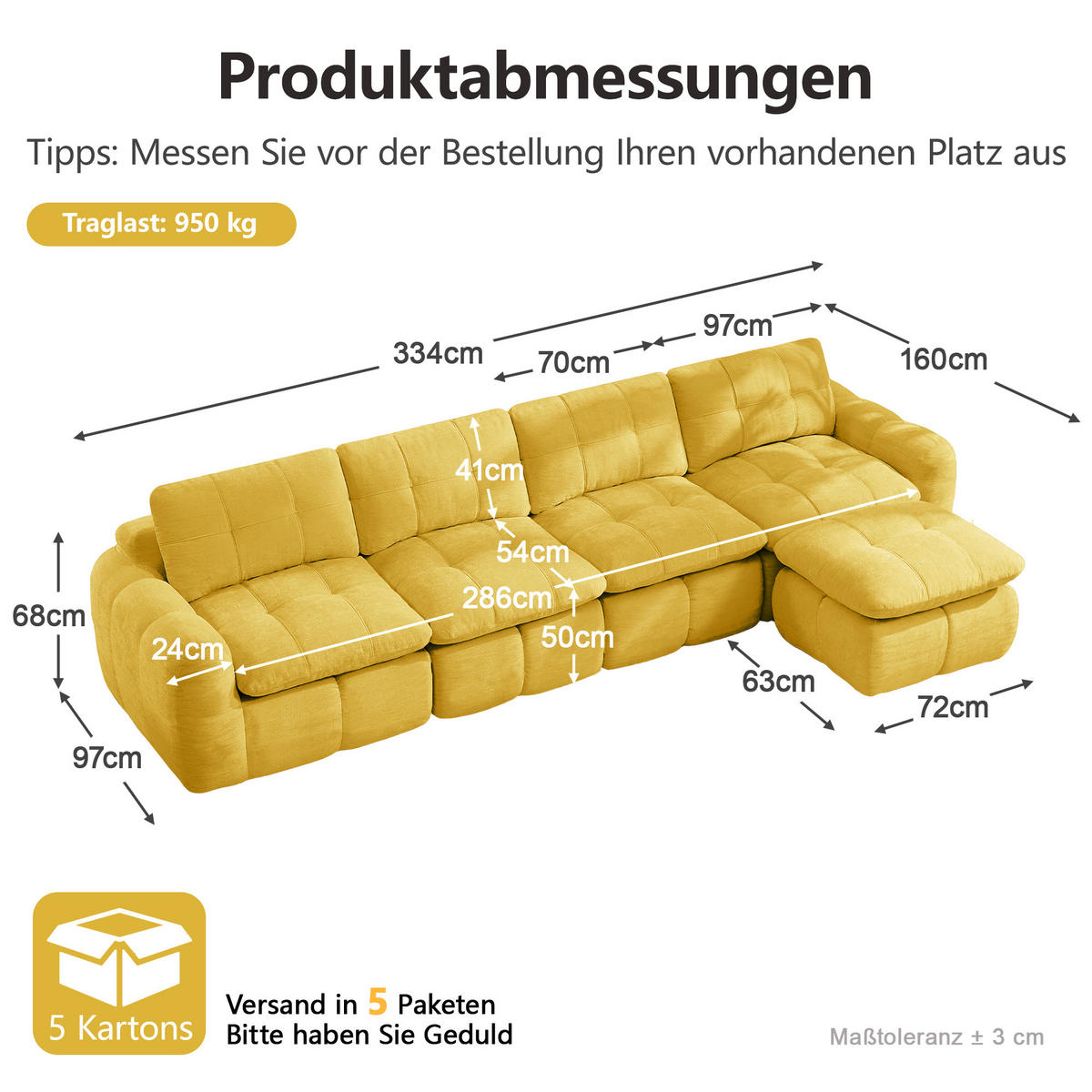 ECKSOFA 334/160/68 cm Gelb Chenille mit 1 Fußhocker - Gelb, Textil (334/160cm) - Oxeza