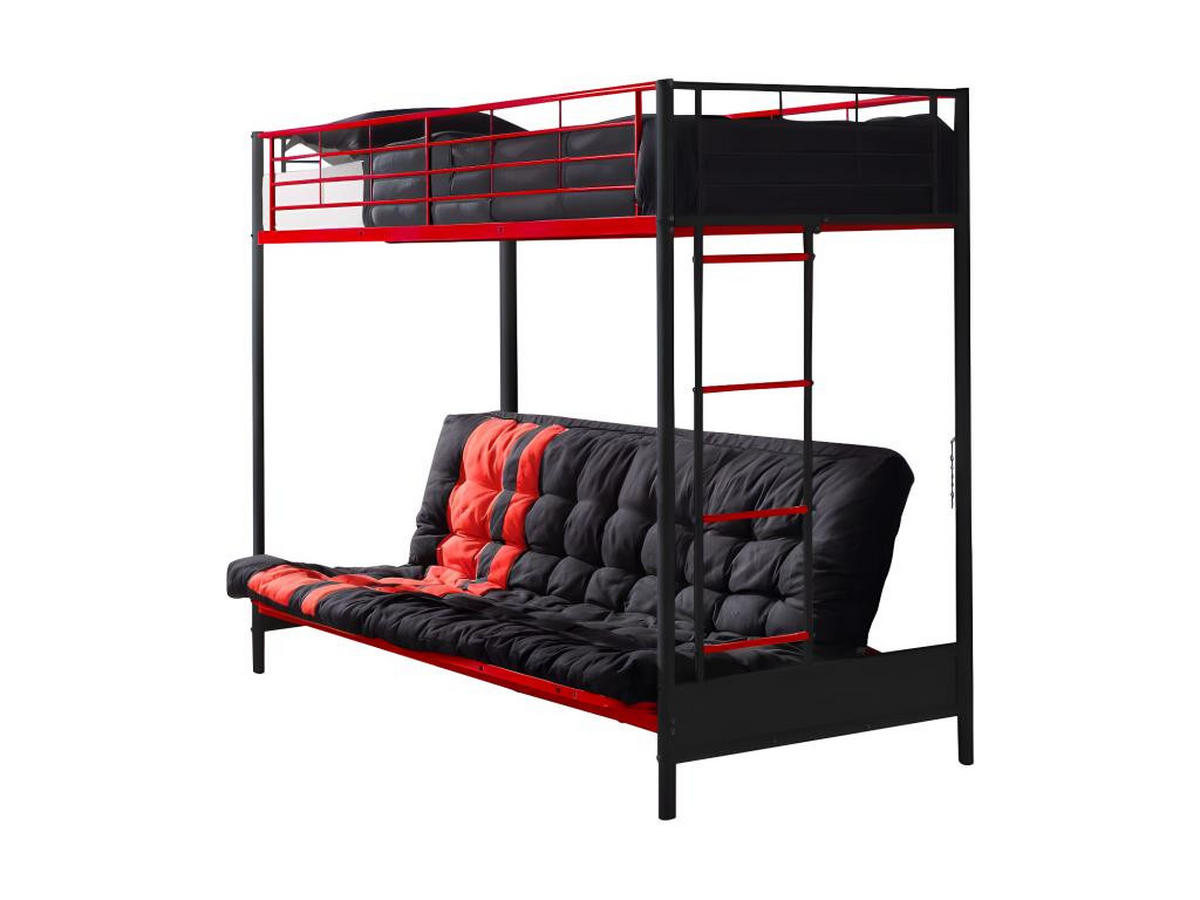 HOCHBETT mit Schlafsofa mit Matratze + Futonmatratze - 90 x 190 cm - Metall - Rot & Schwarz - MODULO V - Rot/Schwarz, Metall - Vente-Unique