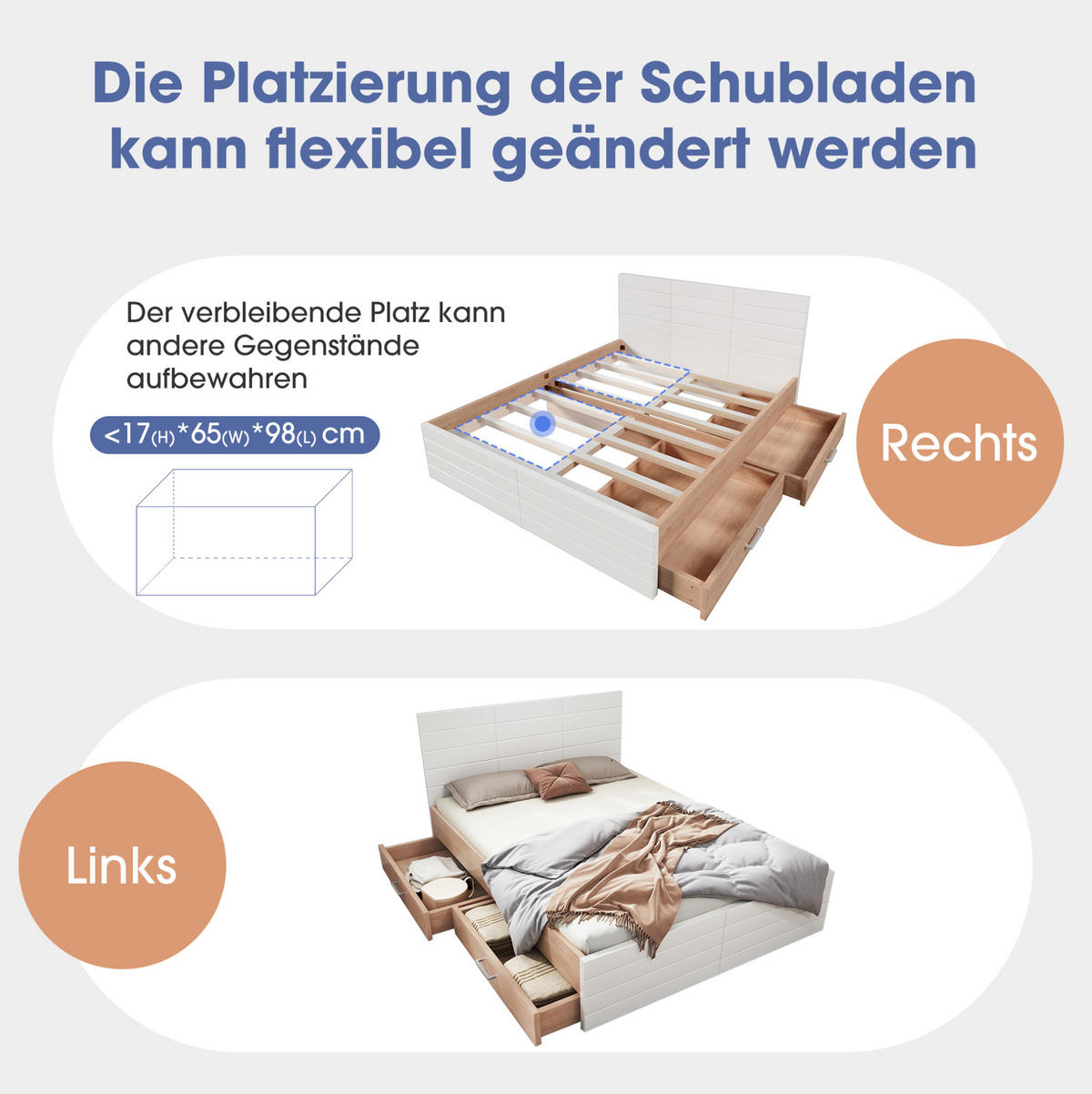 POLSTERBETT aus Massivholz & MDF 160x200 cm in Weiß mit 2 Schubladen & Matratze - Weiß, Holzwerkstoff (160/200cm) - Modfu