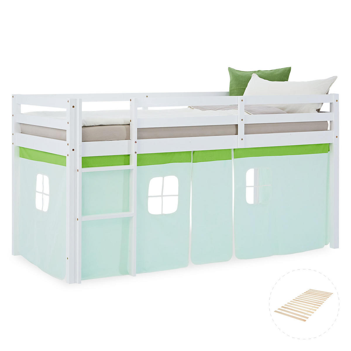 HOCHBETT 90/200 cm in weiß mit Lattenrost + Bettvorhang Grün - Weiß/Grün, Holz - Homestyle4u