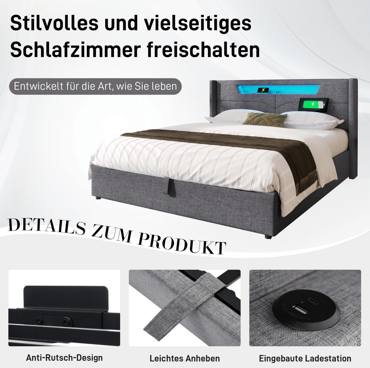 POLSTERBETT 140/200 cm grau aus Leinen mit LED und USB-C - Grau, Textil (140/200cm) - OKMYHOME