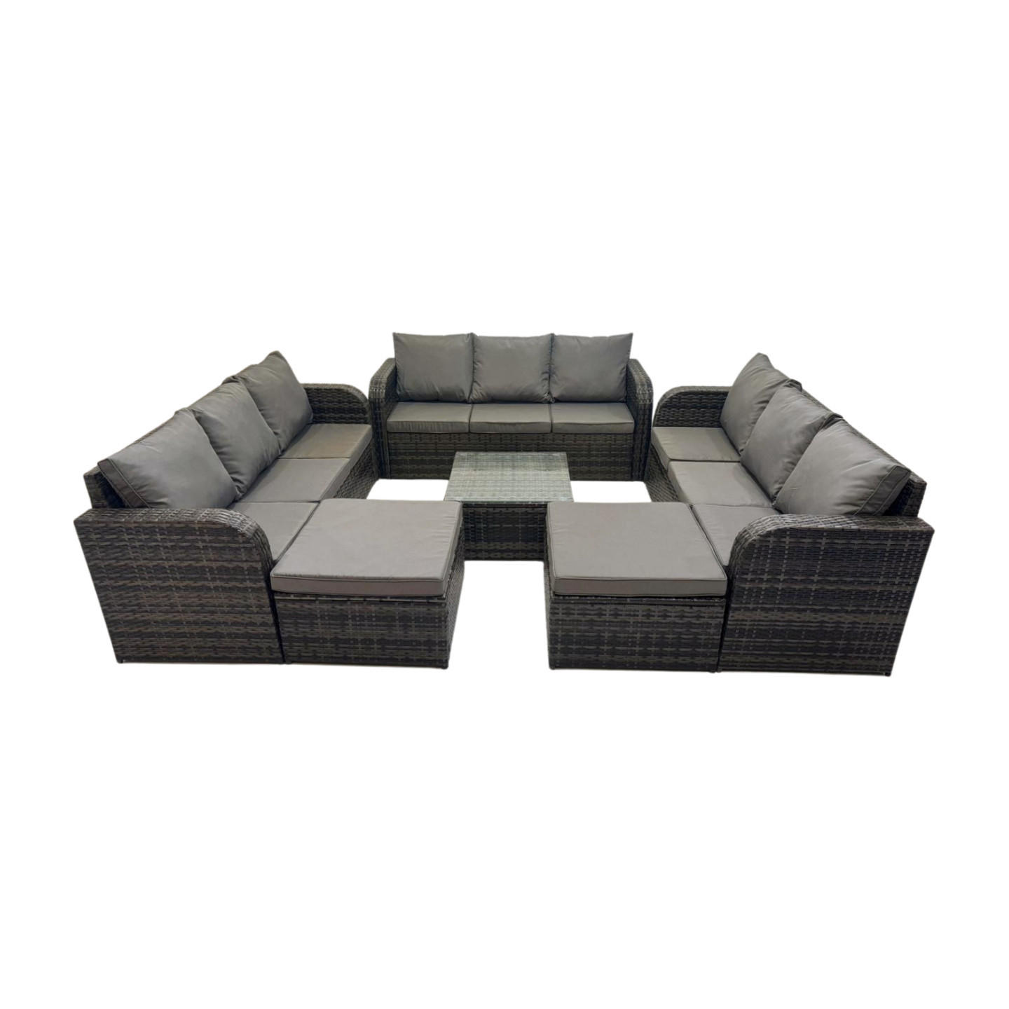 GARTENMÖBEL SET mit 3-SITZER SOFA Polyrattan Dunkelgrau 11-Sitzer - Dunkelgrau/Grau, Glas/Kunststoff - Fimous
